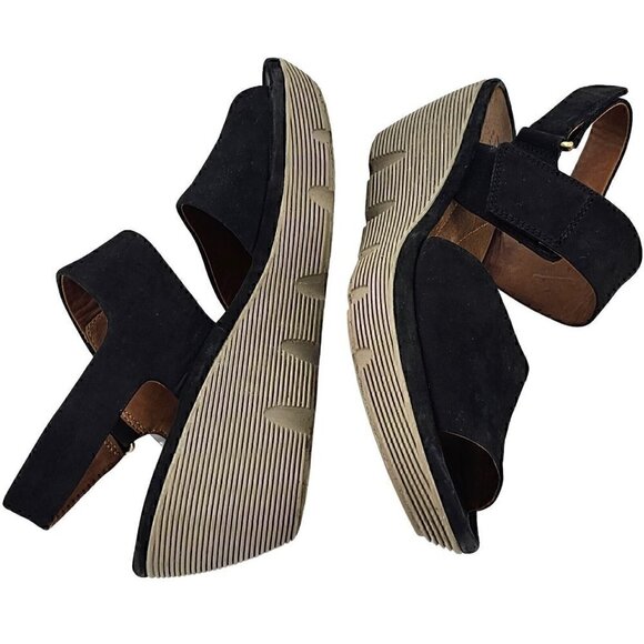CLARKS Black Suede Hook and Loop Open Toe Sling Back Wedge Platform Sandals 9M - Picture 3 of 9